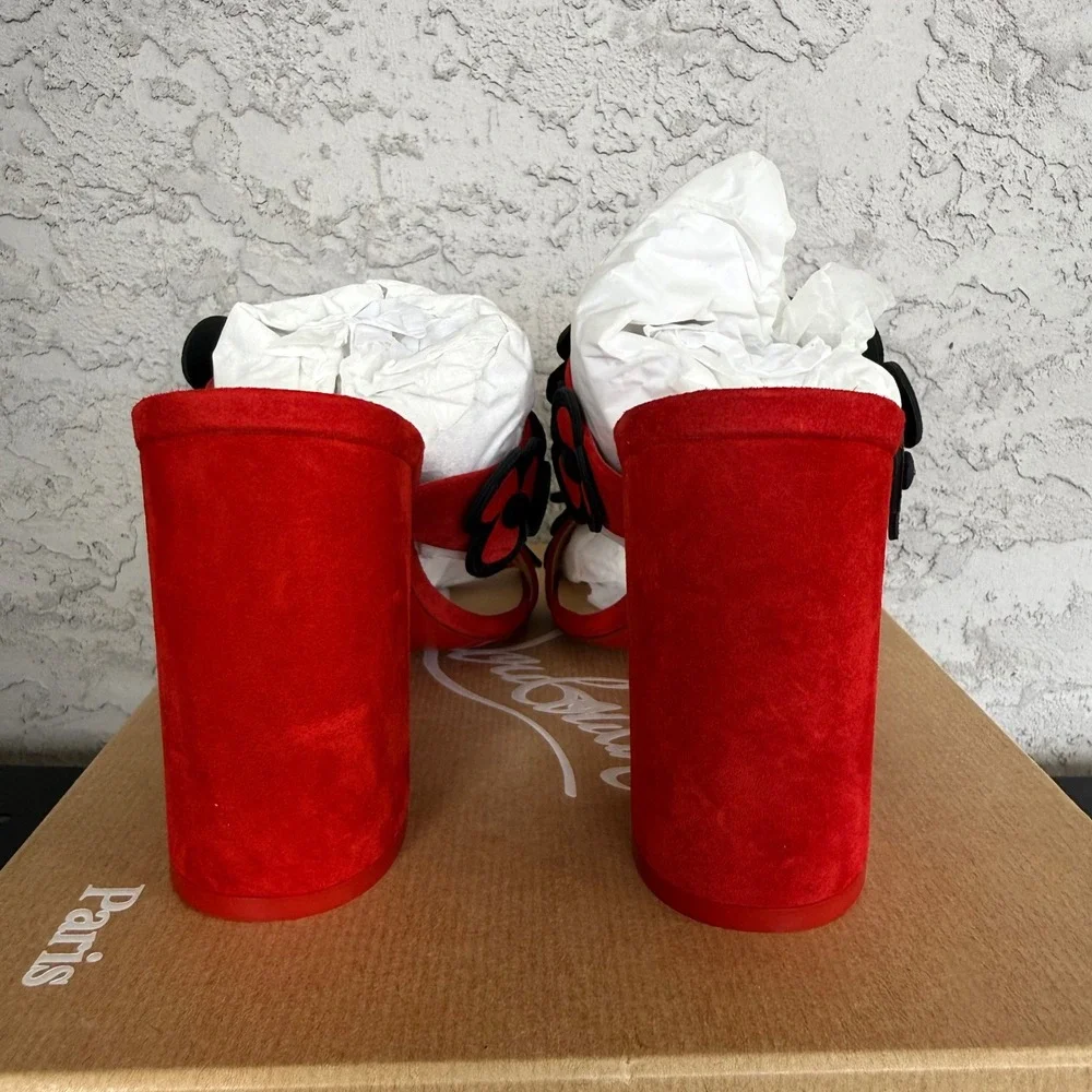 Christian Louboutin Tres Pansy 85 Suede Sandals Womens 42 Red Black Brand NEW - Picture 6 of 12